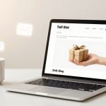 A laptop on a desk displays a webpage with an image of a hand holding a gift box. A white coffee cup is next to the laptop, and three envelope icons float above, indicating email notifications.