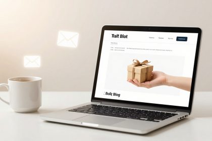 A laptop on a desk displays a webpage with an image of a hand holding a gift box. A white coffee cup is next to the laptop, and three envelope icons float above, indicating email notifications.