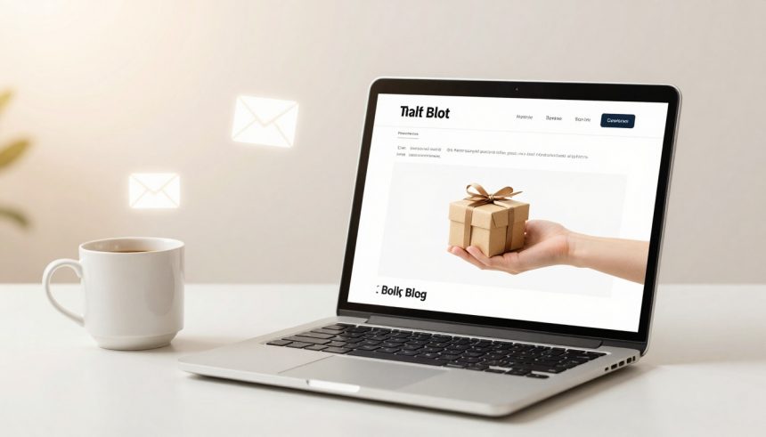 A laptop on a desk displays a webpage with an image of a hand holding a gift box. A white coffee cup is next to the laptop, and three envelope icons float above, indicating email notifications.