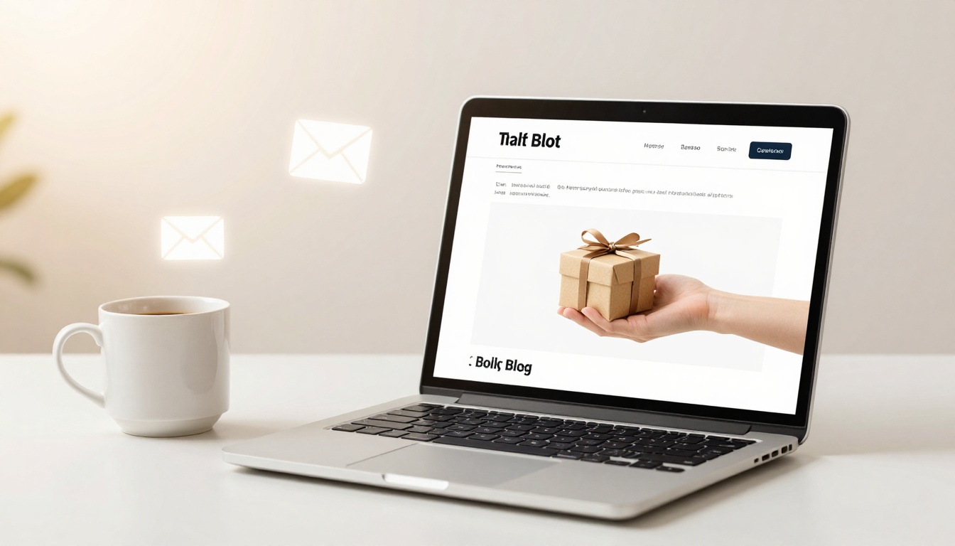 A laptop on a desk displays a webpage with an image of a hand holding a gift box. A white coffee cup is next to the laptop, and three envelope icons float above, indicating email notifications.