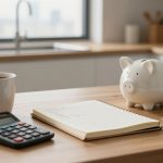 A kitchen countertop with a white piggy bank, open notebook, calculator, coffee mug, and bills. A sink and stove are in the background.