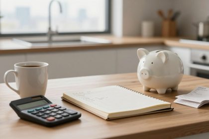 A kitchen countertop with a white piggy bank, open notebook, calculator, coffee mug, and bills. A sink and stove are in the background.