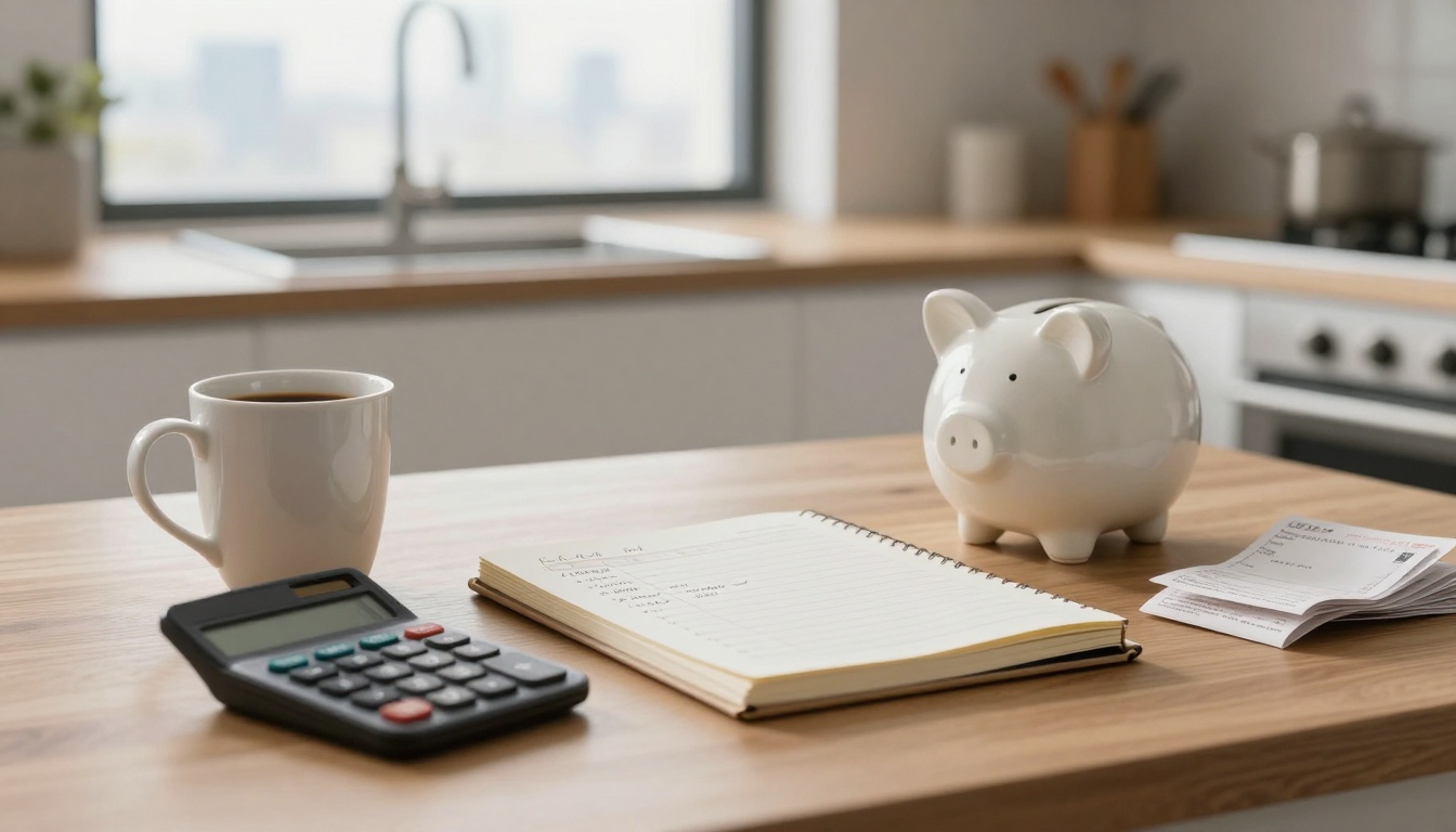 A kitchen countertop with a white piggy bank, open notebook, calculator, coffee mug, and bills. A sink and stove are in the background.