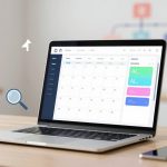 A laptop on a wooden desk displays a digital calendar. Nearby are a magnifying glass icon, brain icon, smartphone, and coffee cup.