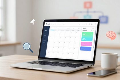 A laptop on a wooden desk displays a digital calendar. Nearby are a magnifying glass icon, brain icon, smartphone, and coffee cup.