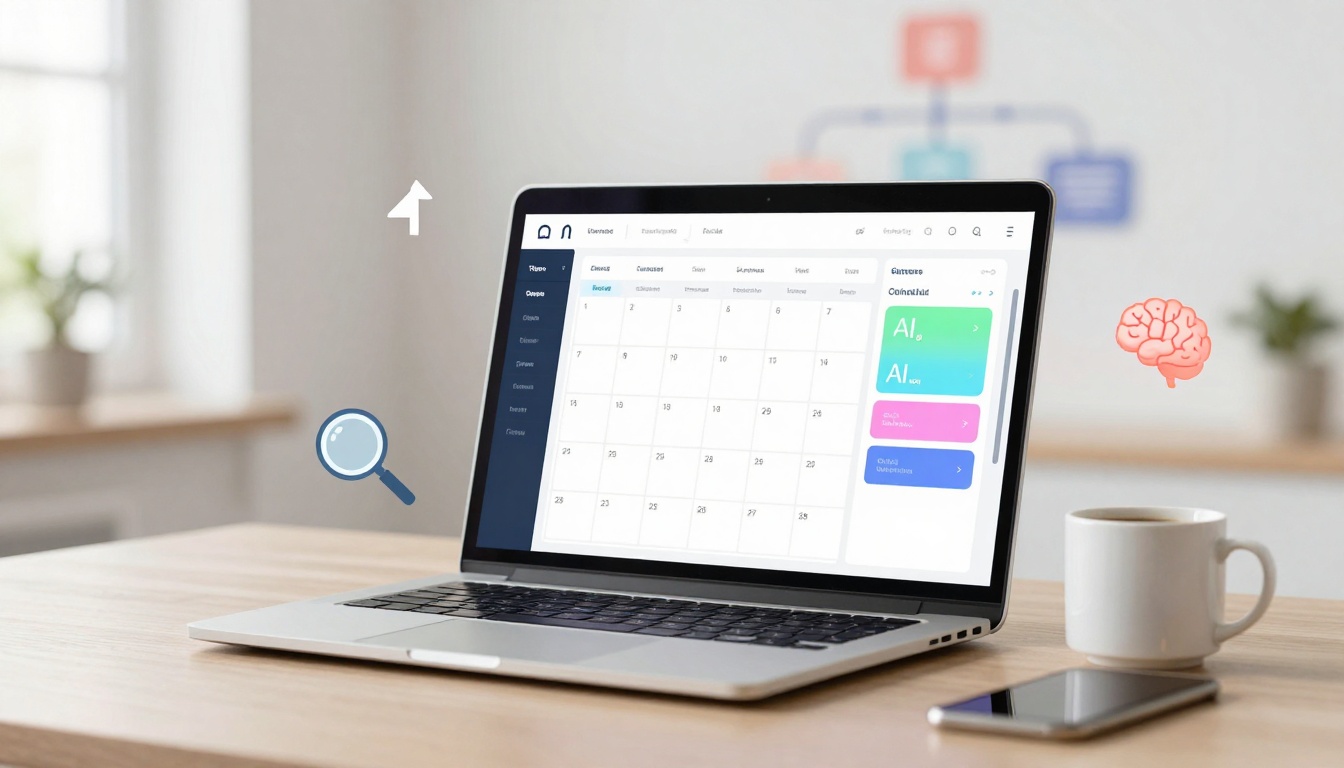 A laptop on a wooden desk displays a digital calendar. Nearby are a magnifying glass icon, brain icon, smartphone, and coffee cup.