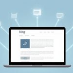 A laptop displaying a blog page with text and icons on the screen. Surrounding the laptop are various icons connected by lines, symbolizing connectivity, on a light blue background.