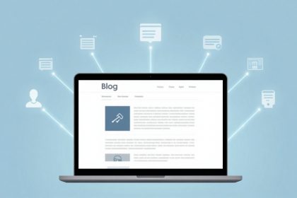 A laptop displaying a blog page with text and icons on the screen. Surrounding the laptop are various icons connected by lines, symbolizing connectivity, on a light blue background.