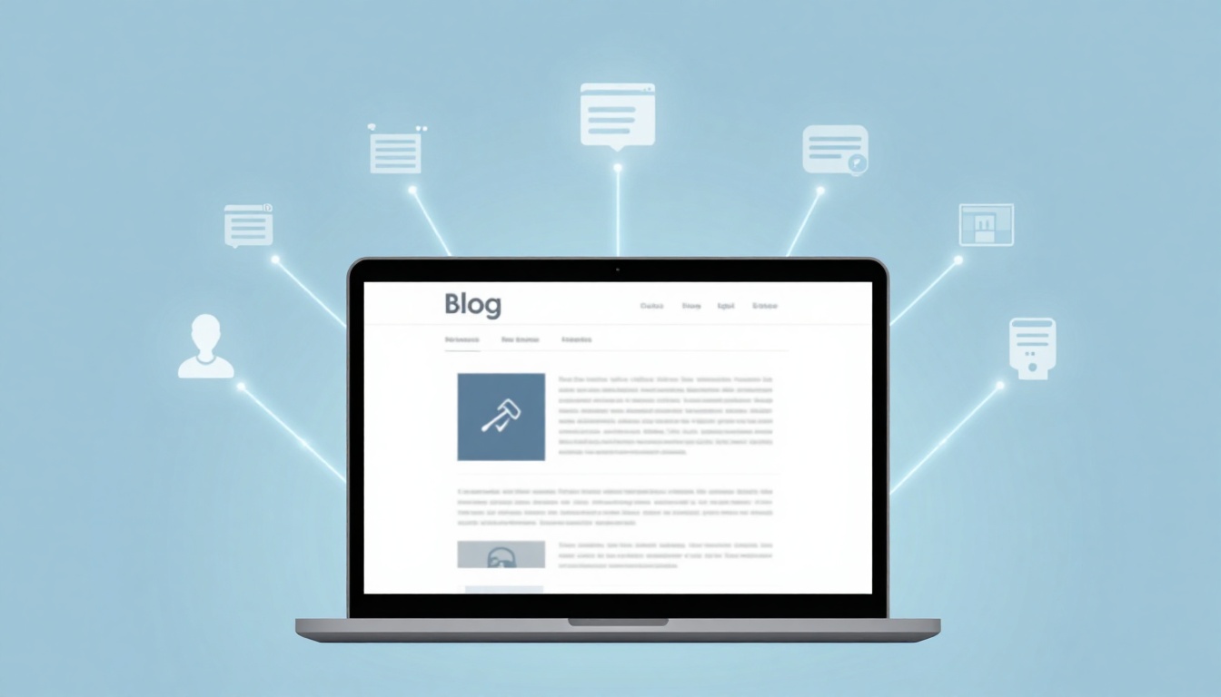 A laptop displaying a blog page with text and icons on the screen. Surrounding the laptop are various icons connected by lines, symbolizing connectivity, on a light blue background.