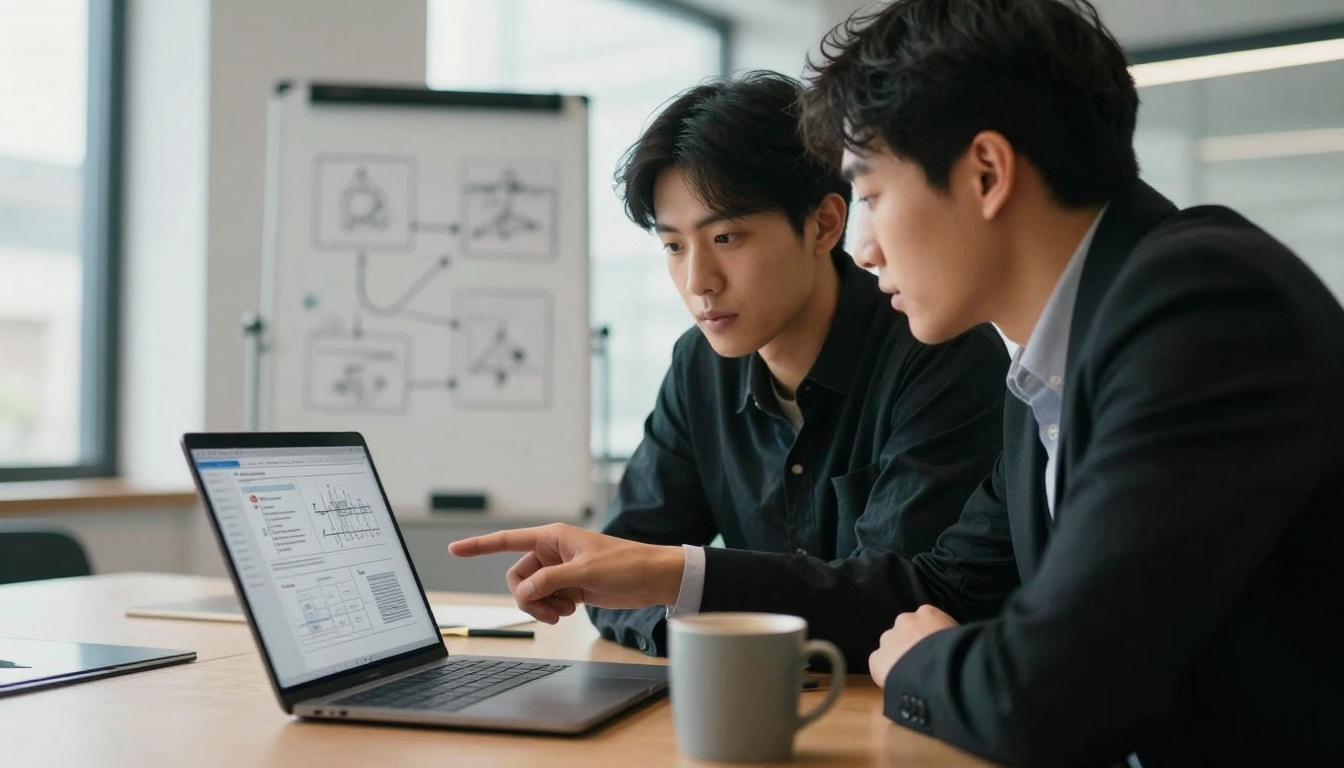 Two people in a meeting room look at a laptop screen displaying graphs. One points at the screen. A whiteboard with diagrams is in the background.
