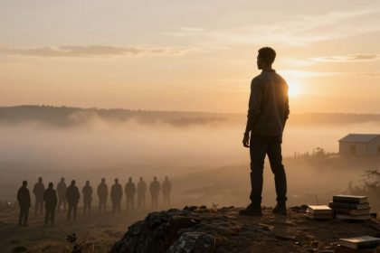 A person stands on a rocky hilltop at sunrise, looking at a line of people in the distance. Fog covers the landscape, and books are stacked nearby.