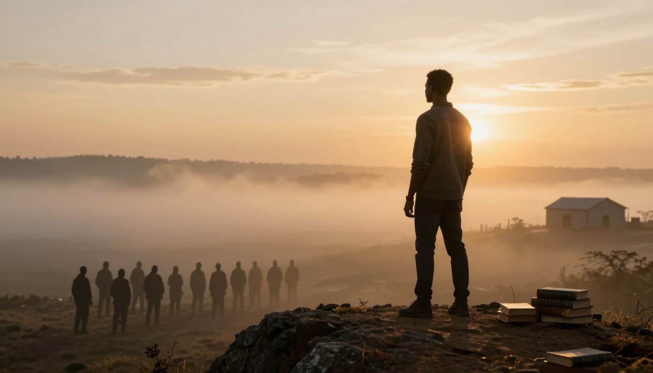A person stands on a rocky hilltop at sunrise, looking at a line of people in the distance. Fog covers the landscape, and books are stacked nearby.