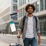 A person with curly hair walks on a city street, pulling a suitcase. Icons of a UK flag, a credit card, and a smartphone app are overlaid.