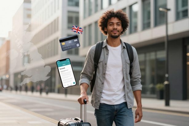 A person with curly hair walks on a city street, pulling a suitcase. Icons of a UK flag, a credit card, and a smartphone app are overlaid.
