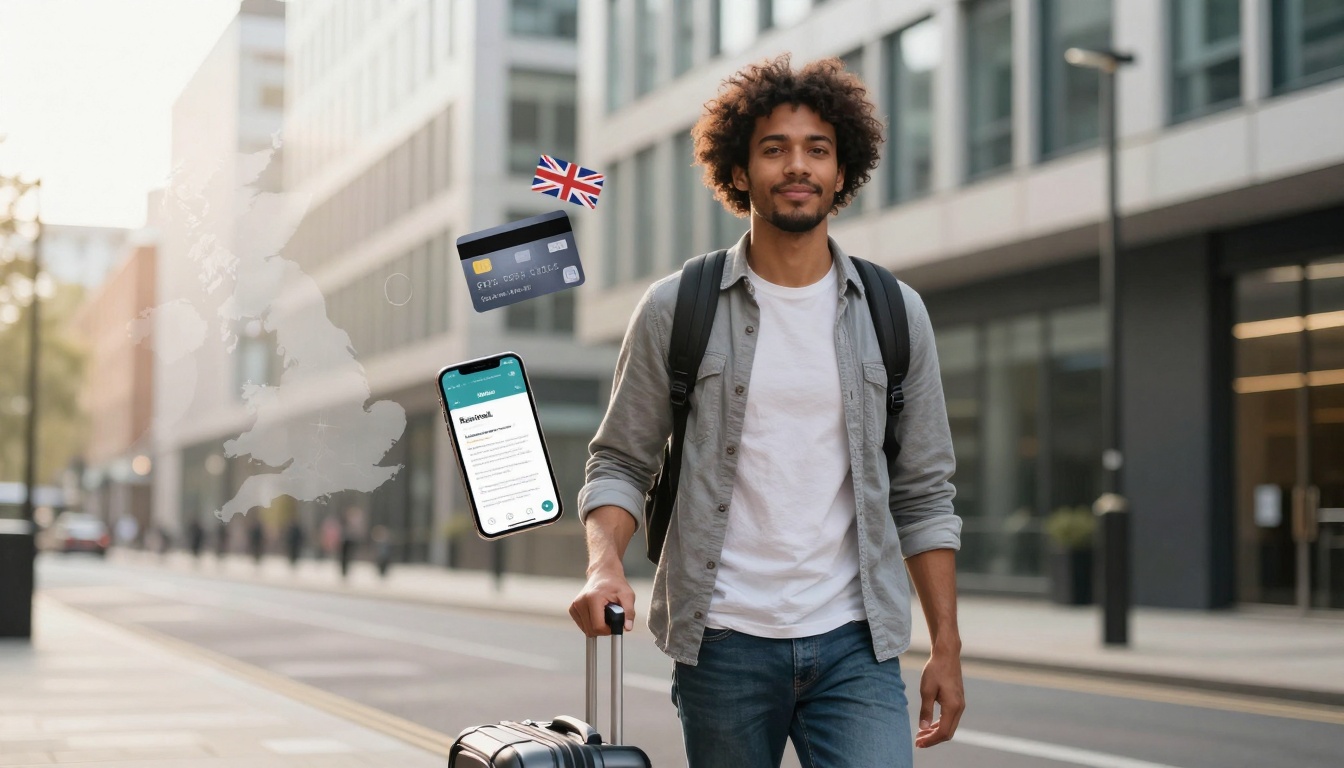 A person with curly hair walks on a city street, pulling a suitcase. Icons of a UK flag, a credit card, and a smartphone app are overlaid.