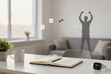 A desk with a potted plant, a white mug, an open notebook with a pen, and a smartwatch. In the background, a couch and a window. A shadow of a person with raised arms is projected on the wall, along with icons of a clipboard, calendar, dumbbell, and water bottle, connected by a dotted line.