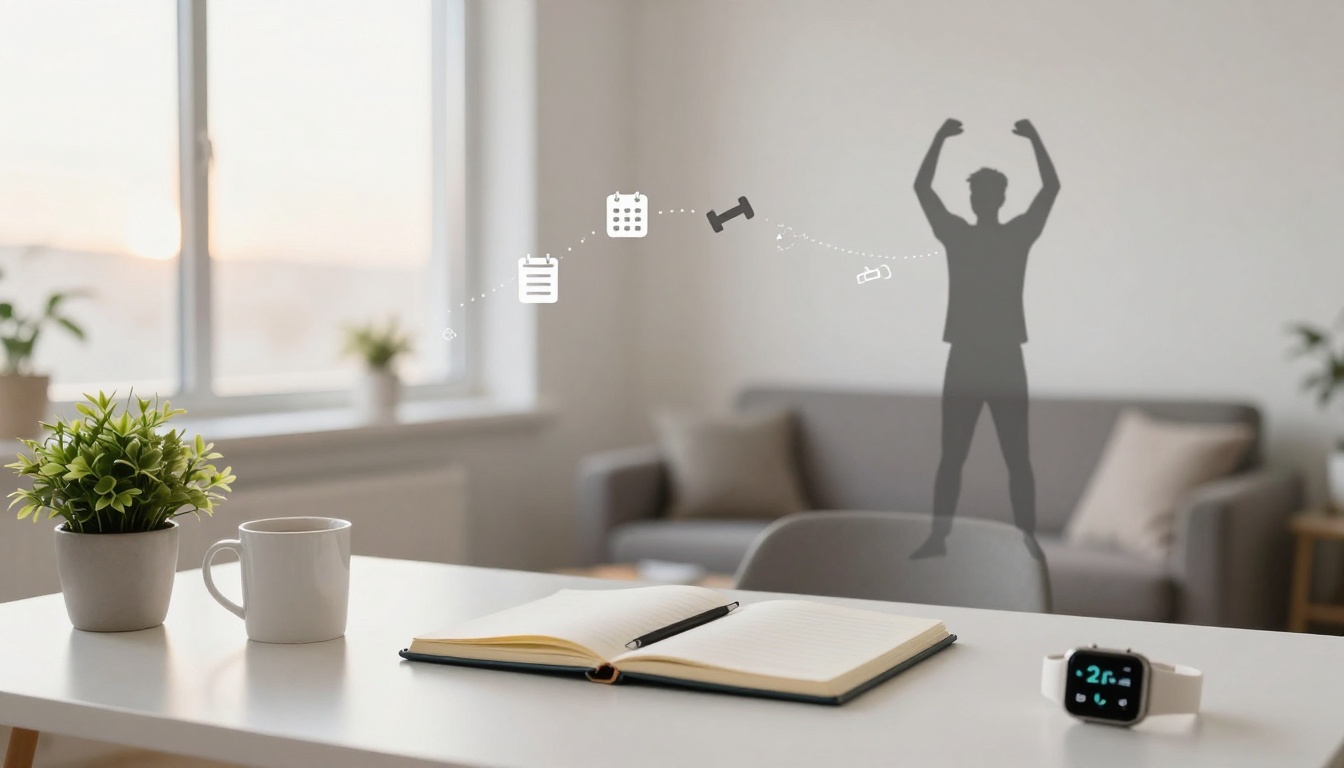 A desk with a potted plant, a white mug, an open notebook with a pen, and a smartwatch. In the background, a couch and a window. A shadow of a person with raised arms is projected on the wall, along with icons of a clipboard, calendar, dumbbell, and water bottle, connected by a dotted line.
