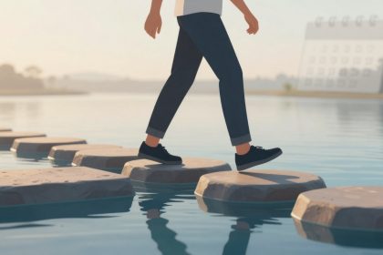 A person in black shoes and rolled-up jeans walks across stepping stones on water. A large calendar is visible in the background.