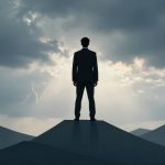 A person in a suit stands on a mountain peak, silhouetted against a cloudy sky with sunlight breaking through.