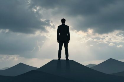 A person in a suit stands on a mountain peak, silhouetted against a cloudy sky with sunlight breaking through.