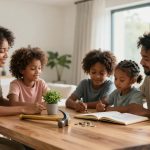 A family of five sits around a wooden table. The parents and three children are engaged in a learning activity with a notebook. A potted plant and a hammer are on the table. The room is bright with large windows and minimal decor.