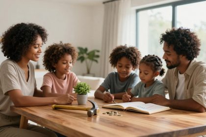 A family of five sits around a wooden table. The parents and three children are engaged in a learning activity with a notebook. A potted plant and a hammer are on the table. The room is bright with large windows and minimal decor.