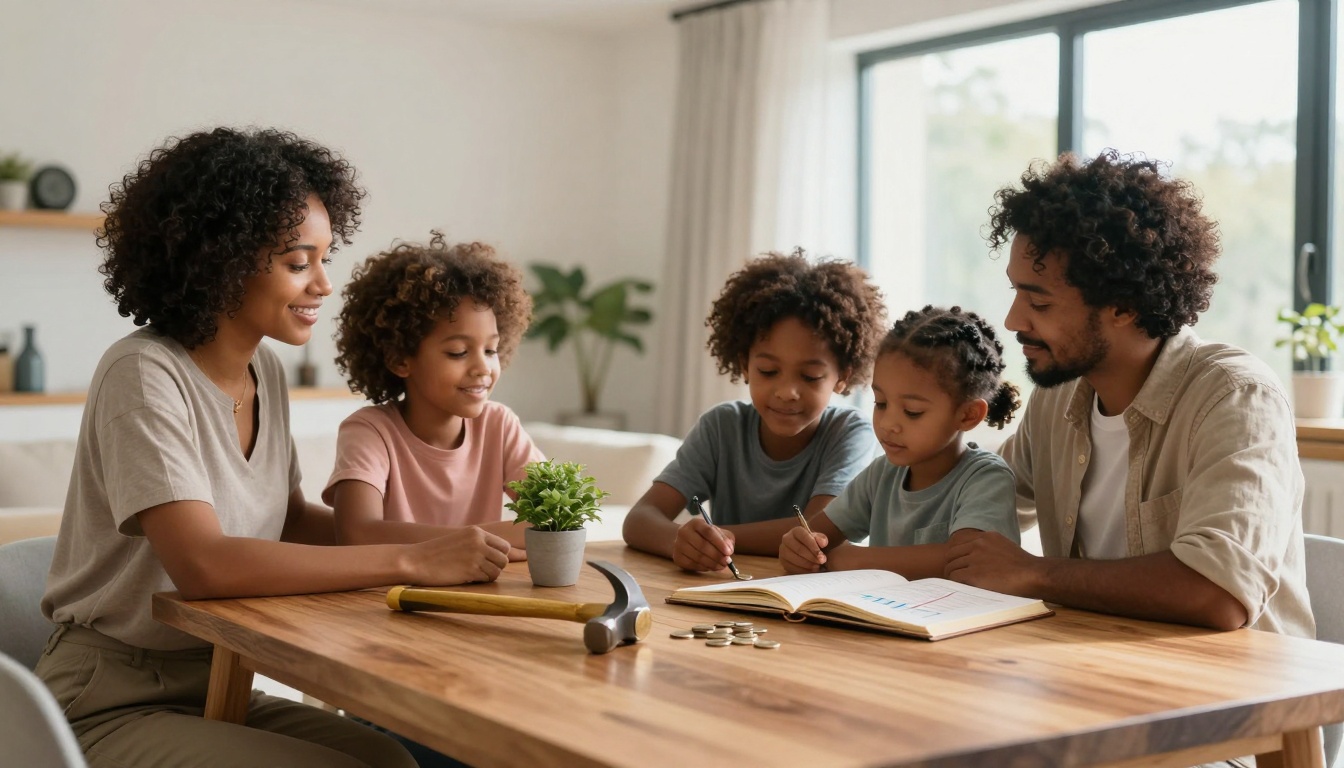 A family of five sits around a wooden table. The parents and three children are engaged in a learning activity with a notebook. A potted plant and a hammer are on the table. The room is bright with large windows and minimal decor.