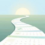 A winding path made of calendar pages leads to a sunrise on the horizon. A small green sprout grows beside the path on a green field.