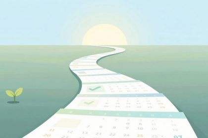 A winding path made of calendar pages leads to a sunrise on the horizon. A small green sprout grows beside the path on a green field.