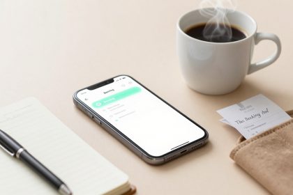 A smartphone displaying an earnings app, a steaming cup of coffee, a pen on an open notebook, and a wallet with receipts on a beige surface.