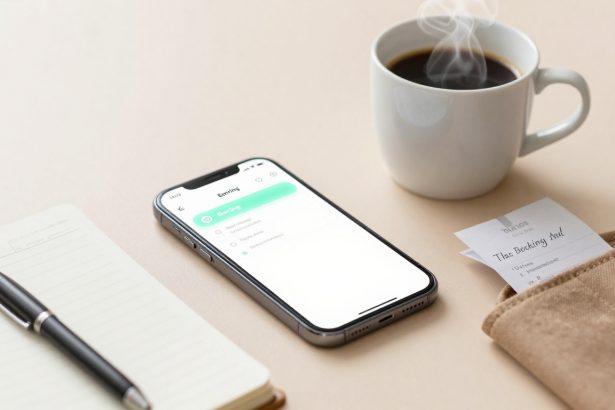 A smartphone displaying an earnings app, a steaming cup of coffee, a pen on an open notebook, and a wallet with receipts on a beige surface.