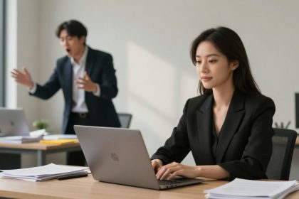 A woman in a black blazer works on a laptop at a desk with stacks of papers. In the background, a man in a suit gestures emphatically.