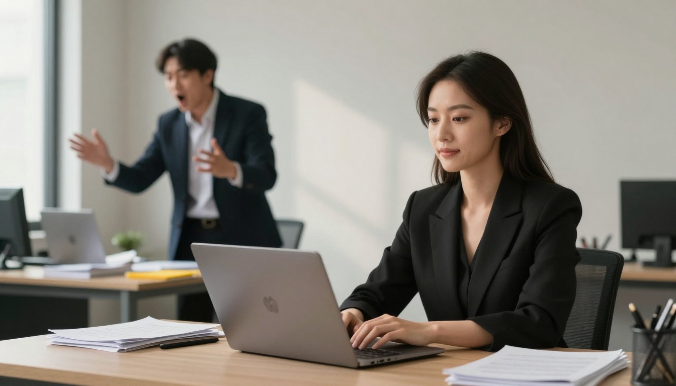 A woman in a black blazer works on a laptop at a desk with stacks of papers. In the background, a man in a suit gestures emphatically.
