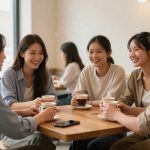 Five people sit around a wooden table in a café, smiling and holding cups of coffee. A smartphone lies on the table.