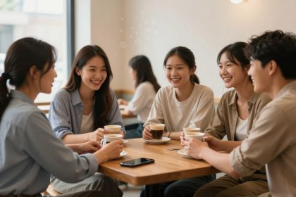 Five people sit around a wooden table in a café, smiling and holding cups of coffee. A smartphone lies on the table.