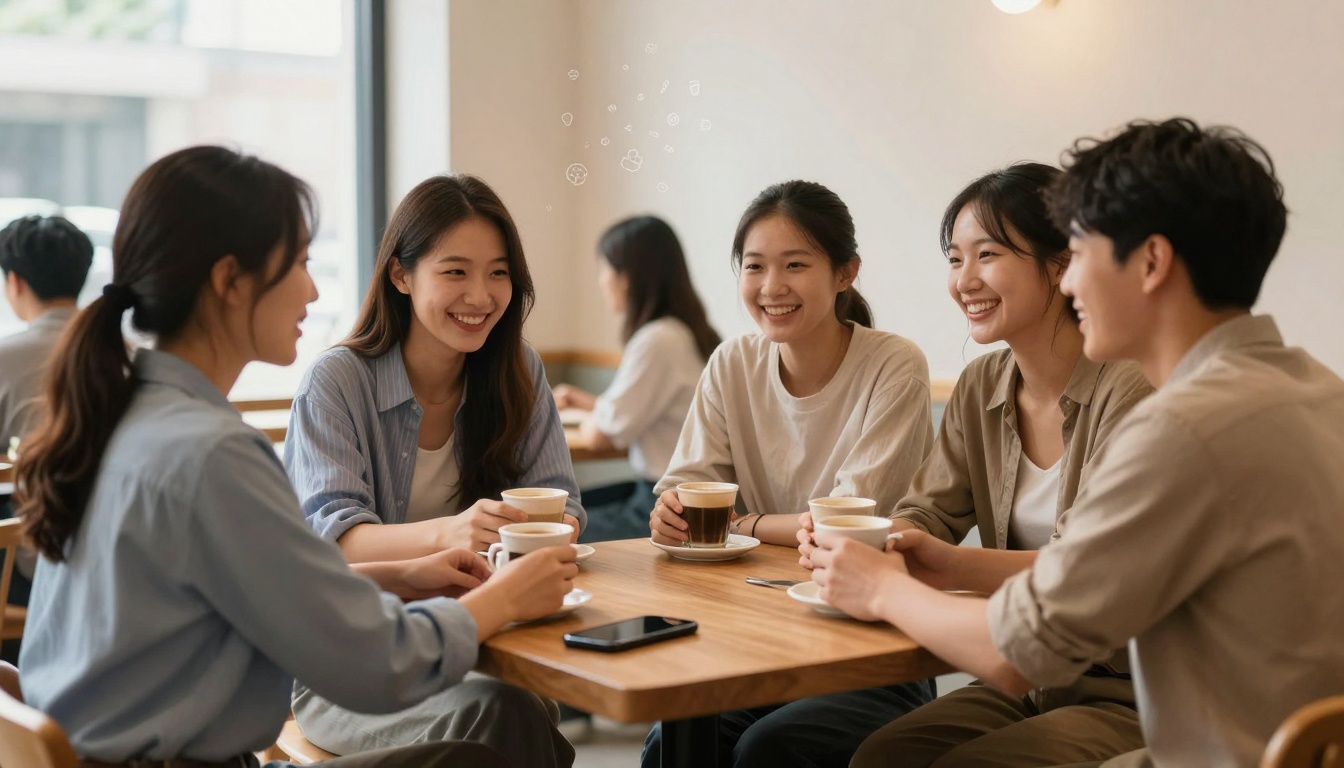 Five people sit around a wooden table in a café, smiling and holding cups of coffee. A smartphone lies on the table.