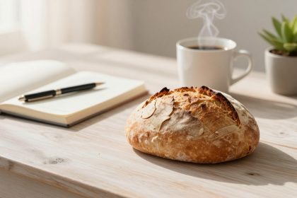 A round loaf of crusty bread on a wooden table with an open notebook and pen. A steaming cup of coffee and a small potted succulent are in the background.