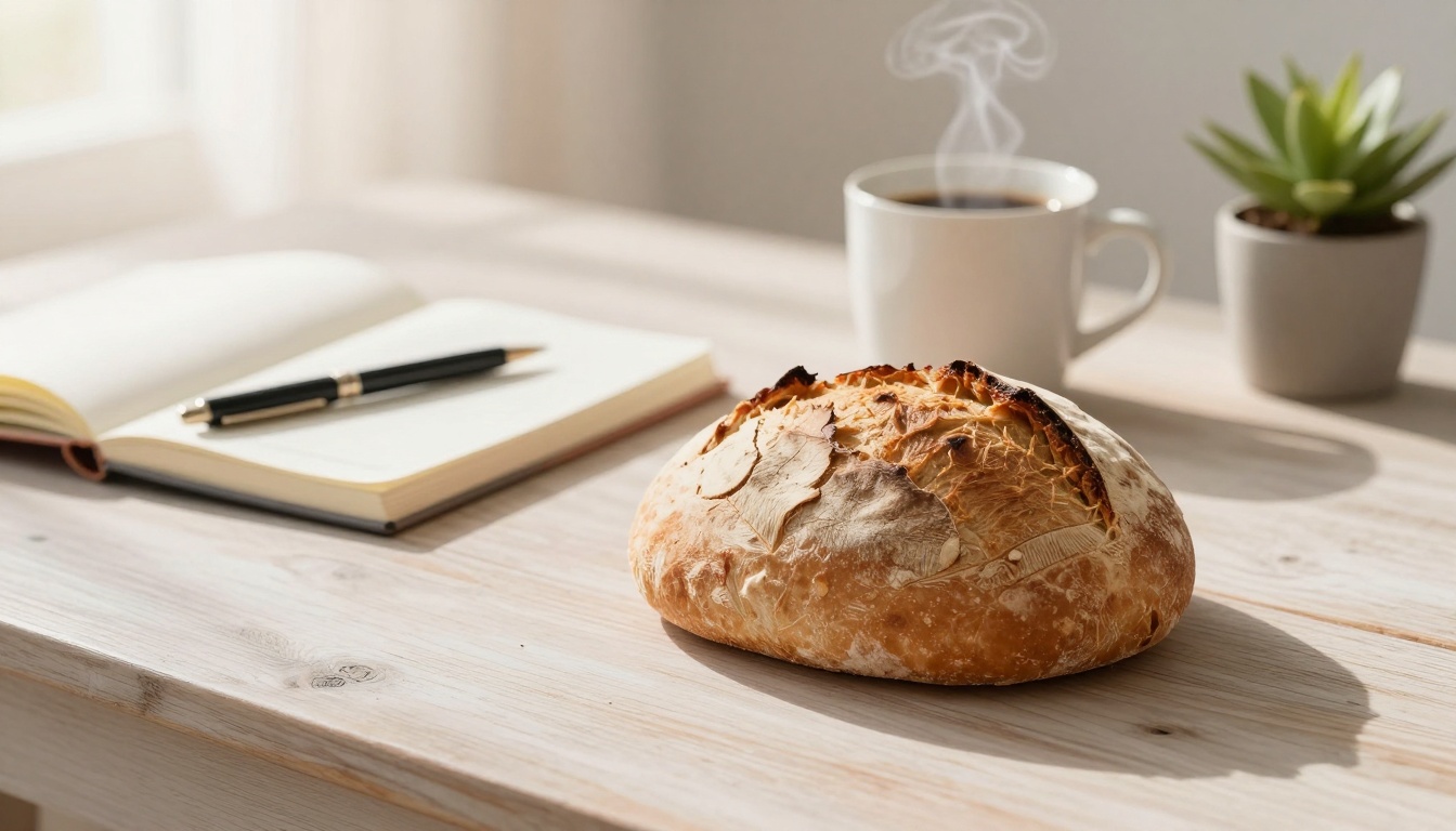 A round loaf of crusty bread on a wooden table with an open notebook and pen. A steaming cup of coffee and a small potted succulent are in the background.
