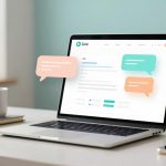 A laptop on a desk displays a website with chat bubbles. A small robot figurine is next to the laptop, with a cup and a book nearby.