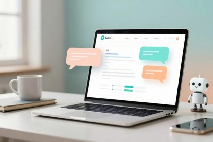 A laptop on a desk displays a website with chat bubbles. A small robot figurine is next to the laptop, with a cup and a book nearby.