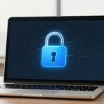 A laptop on a wooden desk displays a glowing blue padlock icon on its screen, symbolizing security. Nearby is a smartphone and a cup.