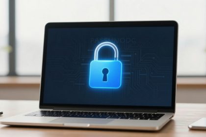 A laptop on a wooden desk displays a glowing blue padlock icon on its screen, symbolizing security. Nearby is a smartphone and a cup.