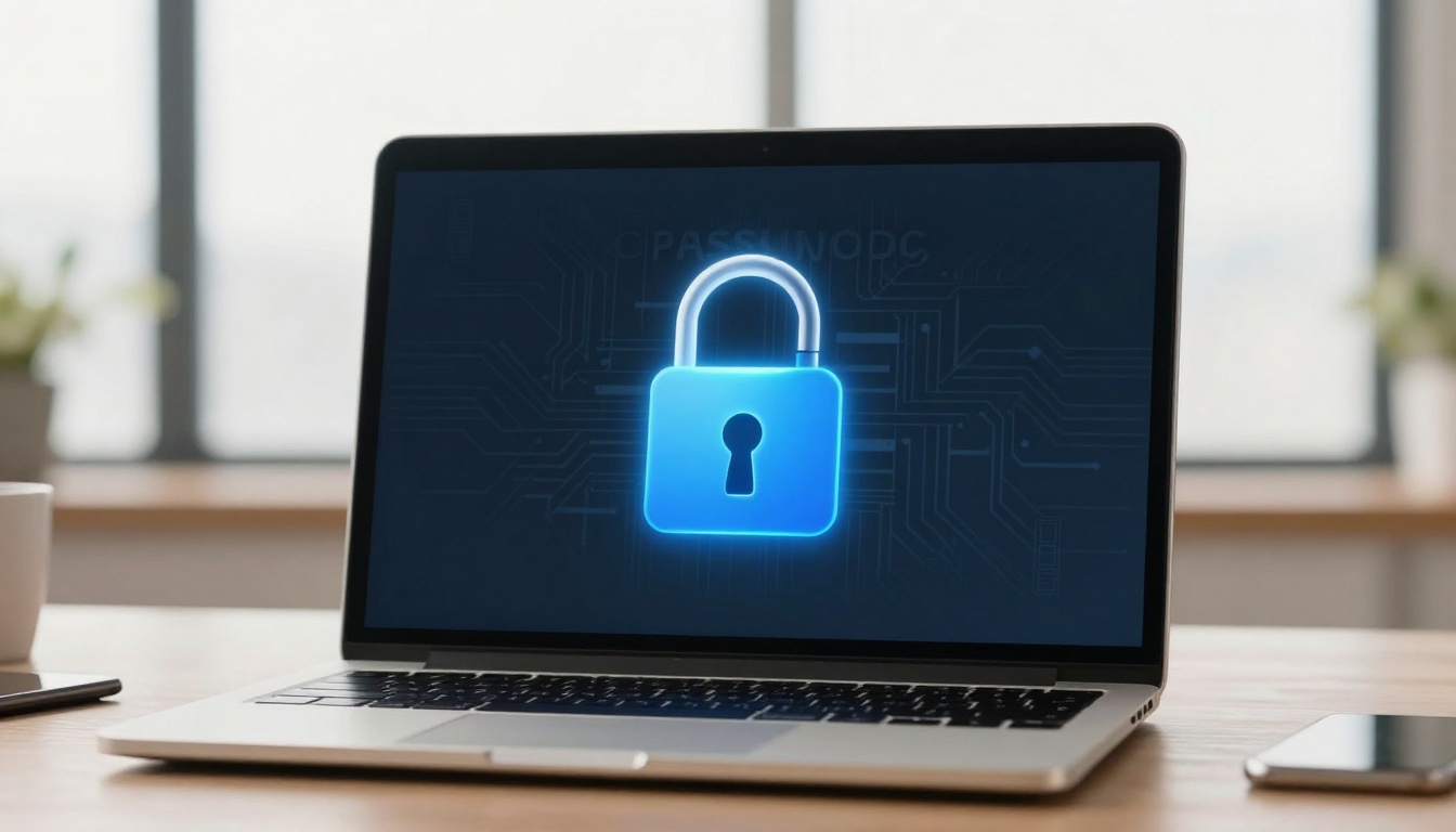 A laptop on a wooden desk displays a glowing blue padlock icon on its screen, symbolizing security. Nearby is a smartphone and a cup.