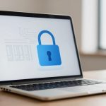 A laptop on a wooden desk displaying a large blue padlock icon on the screen, indicating security. A blurred window is in the background.