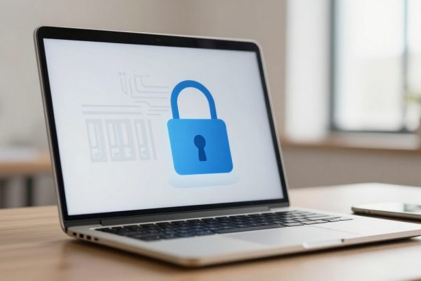 A laptop on a wooden desk displaying a large blue padlock icon on the screen, indicating security. A blurred window is in the background.