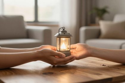 Two hands hold a lit lantern on a wooden table. The background shows a softly lit living room with beige couches and cushions.