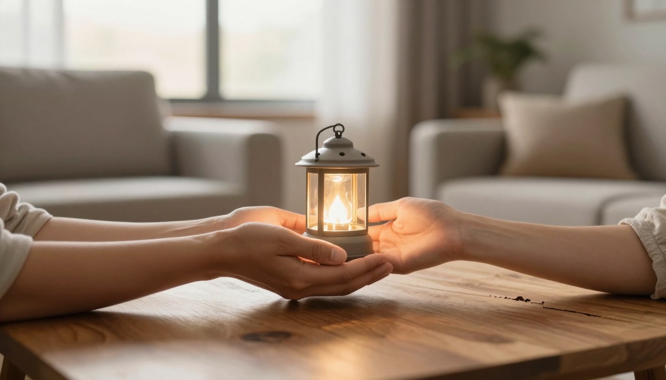 Two hands hold a lit lantern on a wooden table. The background shows a softly lit living room with beige couches and cushions.