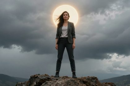 A woman stands confidently on a rocky hill, with a dramatic cloudy sky and a glowing halo-like sun behind her. She wears a gray suit and white shirt.