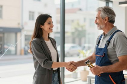 A woman in a gray blazer shakes hands with a man in blue overalls holding tools, standing in a bright office with large windows.