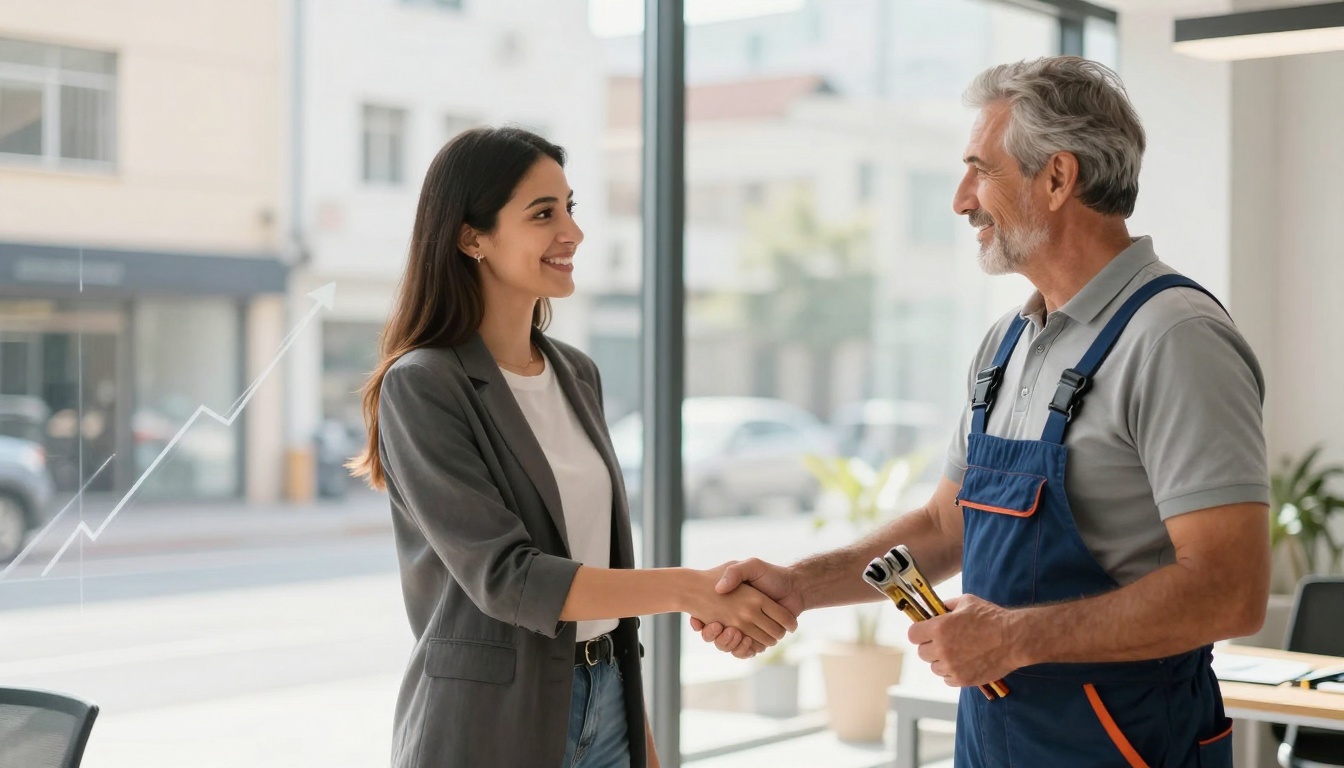 A woman in a gray blazer shakes hands with a man in blue overalls holding tools, standing in a bright office with large windows.